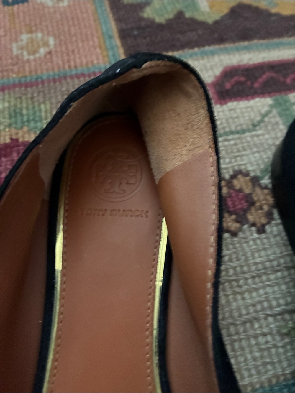 Tory Burch Black Suede Loafers with Gold Logo Medallion - Picture 2 of 3
